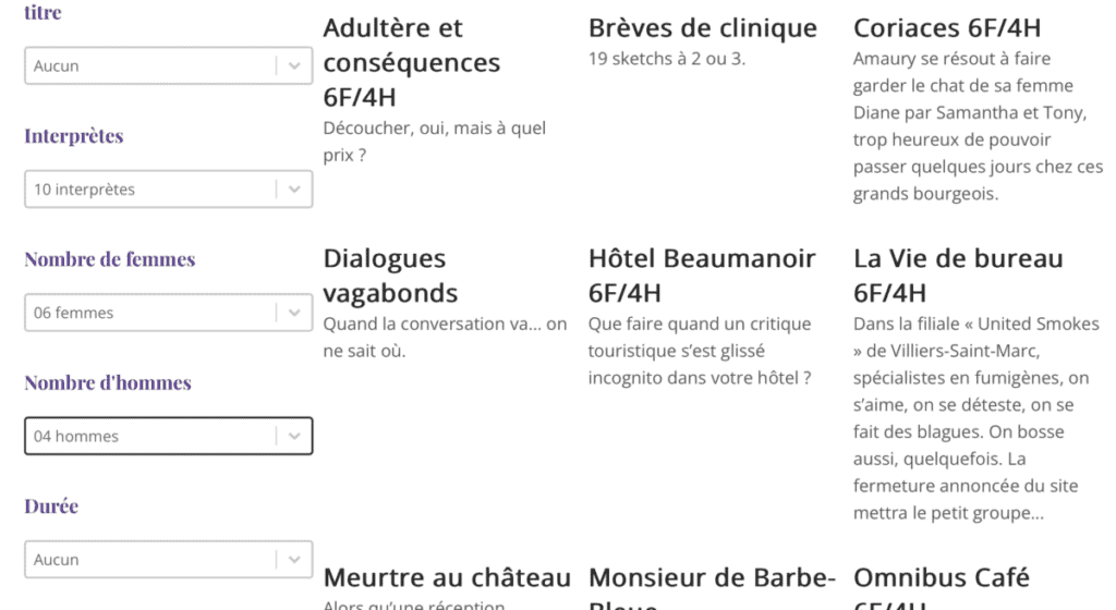 Recherche d'une pièce de théâtre par nombre de femmes et d'hommes.