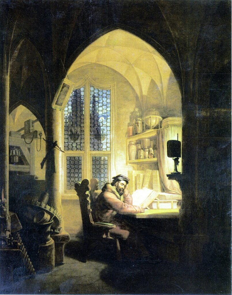 Faust dans son cabinet d'étudepar Georg Friedrich Kersting, 1829.